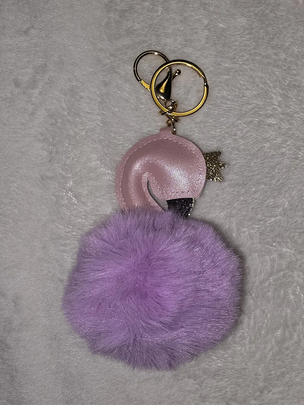Pink Flamingo Pom Bag Charm  Keychain with Gold Crown